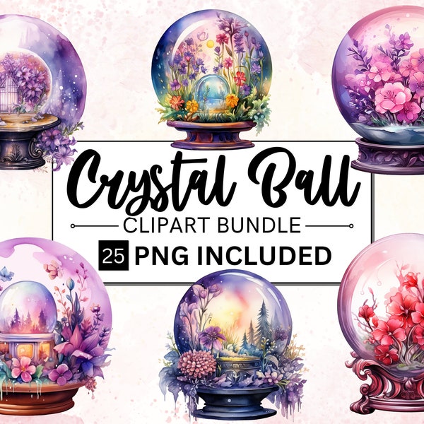 25 PNG Watercolor Floral Crystal Ball Clipart, Magical Mystical Art, Fantasy clipart, Witchcraft Bundle PNG, Crystal Ball Clip art Bundle