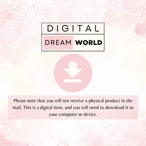 K&ouml;nnte beinhalten: Ein rosa-wei&szlig;er Aquarellhintergrund mit einem wei&szlig;en Kasten, auf dem "DIGITAL DREAM WORLD" steht, und einem rosa Kreis mit einem wei&szlig;en Abw&auml;rtspfeil. Der Text unter dem Bild lautet: "Bitte beachten Sie, dass Sie kein physisches Produkt per Post erhalten. Dies ist ein digitaler Artikel, den Sie auf Ihren Computer oder Ihr Ger&auml;t herunterladen m&uuml;ssen."