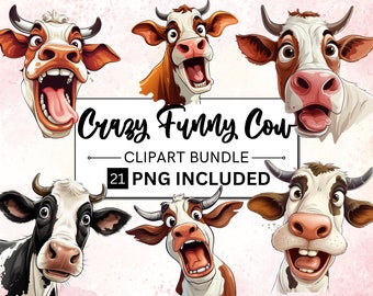 21 Cute and Crazy Cow Clipart, Cow Clipart PNG, Funny Cow Clipart, Cute Animals Clipart, Funny Cow Face, Commercial Use, Instant Download