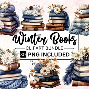 30 Aquarell Winter Bücherstapel Clipart, gemütliche Hausbibliothek Clipart PNG, Buchliebhaber Clipart Bundle, Lese Clipart, WinterBook Bibliothek Clipart