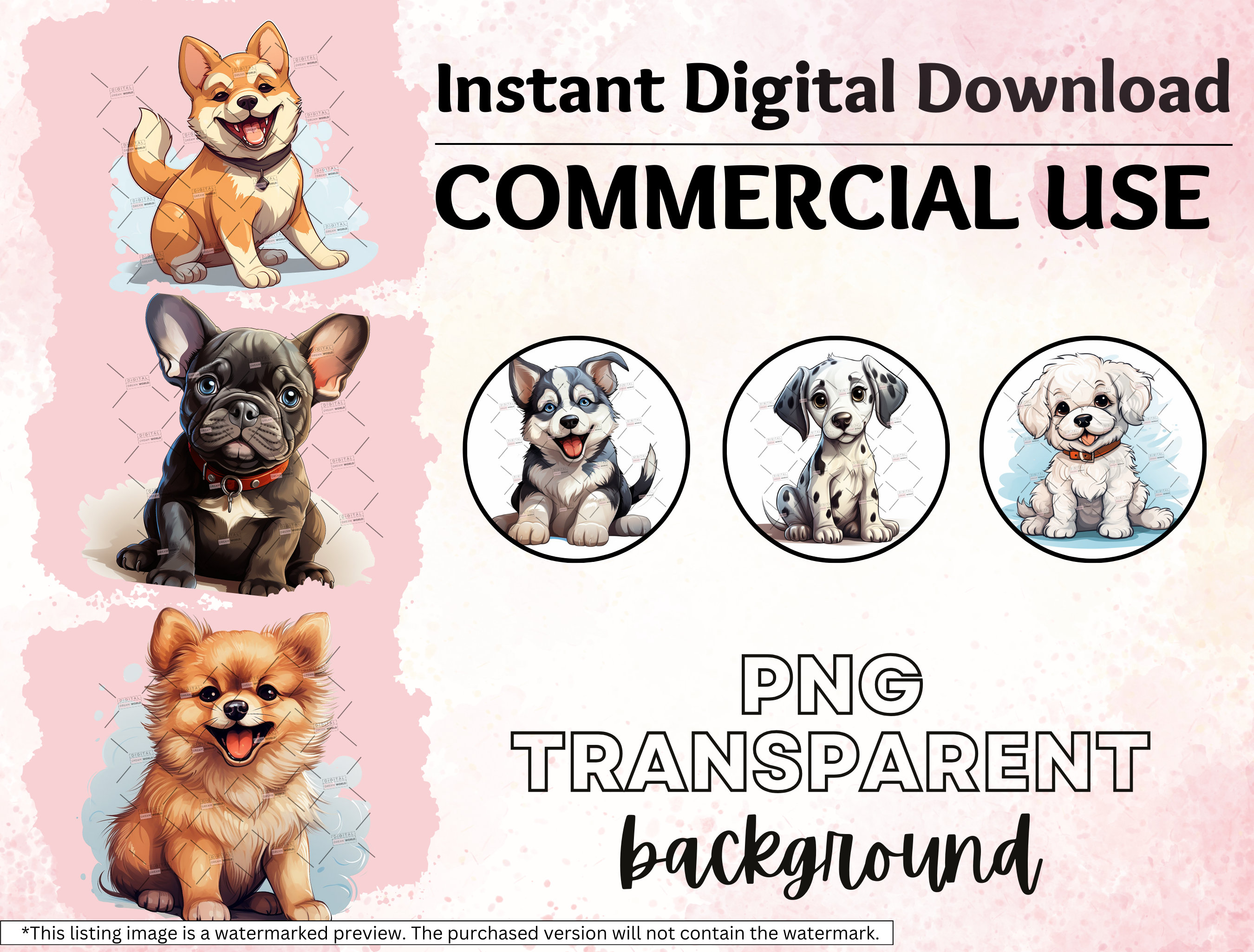 31 Watercolor Puppies Clipart PNG Bundle, Cartoon Style Painted Puppy ...
