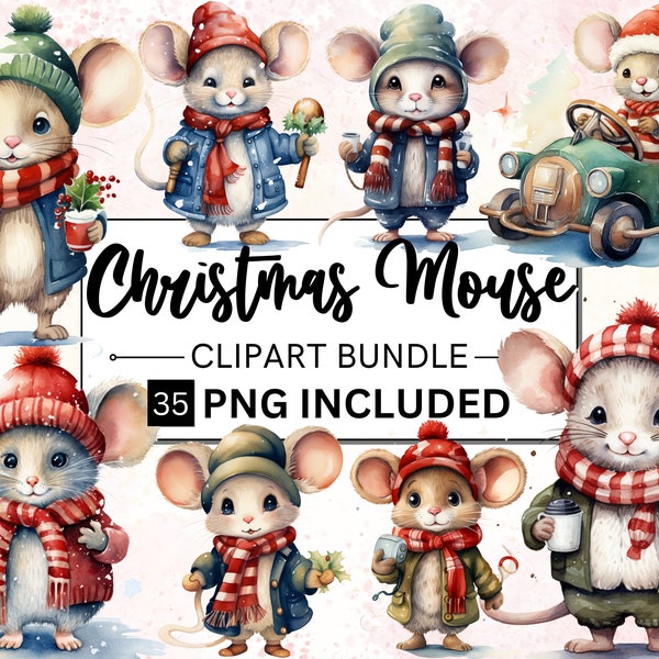 35 Christmas Mouse Clipart PNG, Festive Christmas Mouse Clipart Bundle, Merry Christmas, Digital Download, Commercial License, Card Making