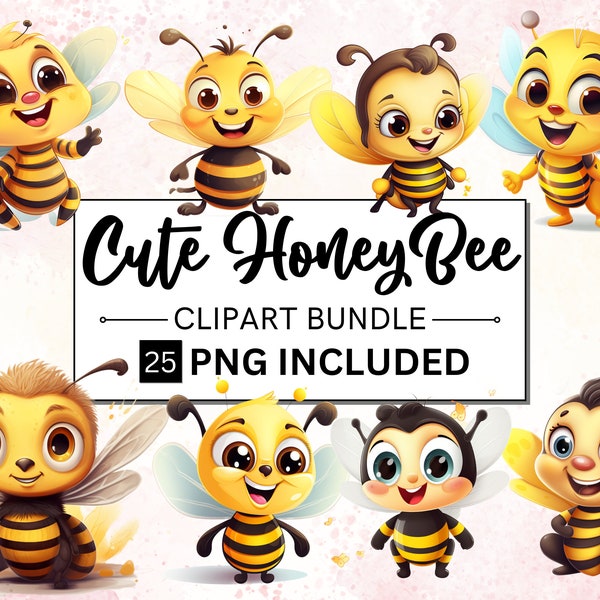 25 Cute Honey Bee Clipart, Bee PNG Bundle, Baby Honey Bee Clipart, Nursery Decor, Baby Shower, Commercial Use, Birthday Invitations, Kawaii