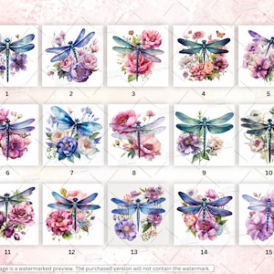 May include: Fifteen digital illustrations of blue dragonflies with watercolor flowers in shades of pink, purple, and white. The dragonflies are all facing forward with their wings spread out.