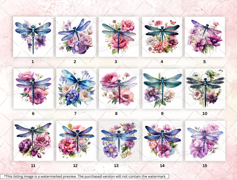 May include: Fifteen digital illustrations of blue dragonflies with watercolor flowers in shades of pink, purple, and white. The dragonflies are all facing forward with their wings spread out.