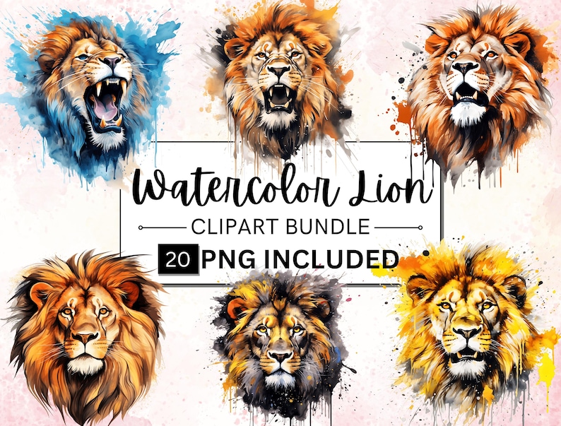 May include: A digital clipart bundle of 20 watercolor lion illustrations. The lions are depicted in various poses with a watercolor background. The text "Watercolor Lion" and "20 PNG Included" is displayed on the image.