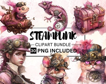 Watercolor Pink Steampunk Clipart Bundle (30 PNG)