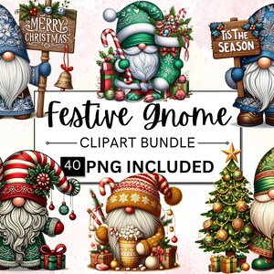 40 Watercolor Festive Gnomes Clipart Bundle, Christmas Gnomes Fantasy PNG, Winter Holidays Paper Craft, Gnomes PNG, Instant Commercial Use