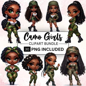 30 Camo Mädchen Clipart Bundle, Camouflage Mädchen Grafik, Mode Outfits Mädchen Printables, sofortiger digitaler Download, unbegrenzte kommerzielle Nutzung