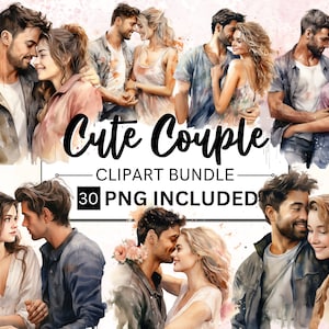 Lot de 30 cliparts aquarelle amour couple, couples romantiques aquarelle PNG Bundle, amour, relation romantique, clipart couple main dans la main