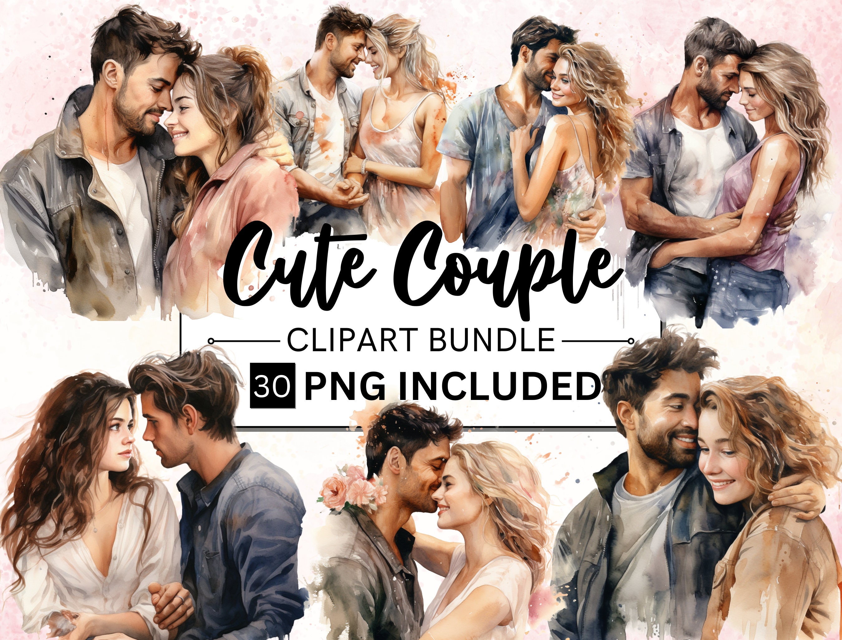 30 Watercolor Love Couple clipart bundle, Romantic Couples Watercolor PNG Bundle, Love, Romantic relationship, Couple holding hands clipart
