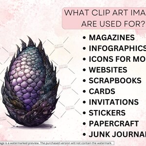 May include: A purple and black dragon egg clip art image. The text "WHAT CLIP ART IMAGES ARE USED FOR?" is at the top of the image. A list of uses for clip art images is below the egg: Magazines, Infographics, Icons for Mobile, Websites, Scrapbooks, Cards, Invitations, Stickers, Papercraft, Junk Journals.