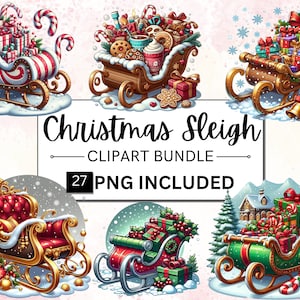 27 Watercolor Christmas Sleigh Clipart Bundle, Red Santa Sleigh PNG, Winter Clipart Bundle, Holiday Christmas PNG, Collage Commercial Images