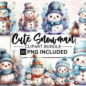 30 paquete PNG de imágenes prediseñadas de muñeco de nieve de Navidad lindo acuarela, paquete de imágenes prediseñadas de invierno, planificador digital de vacaciones, imágenes de collage, artesanía de papel