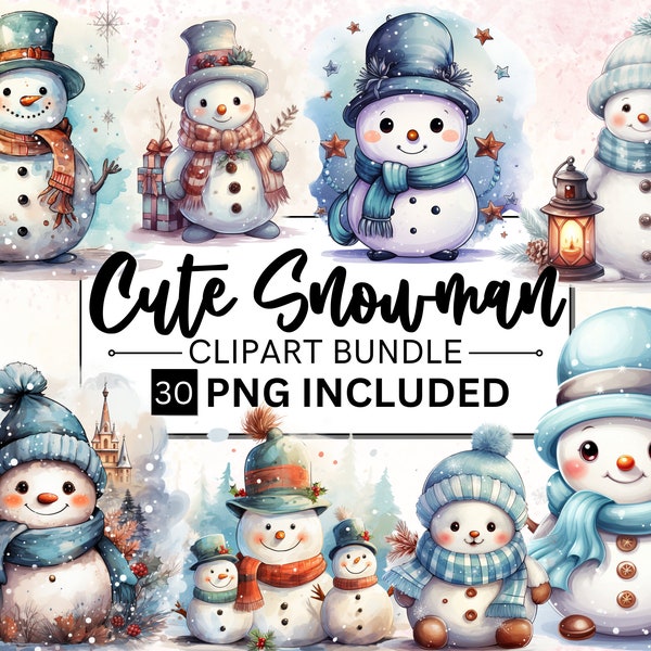 30 Watercolor Cute Christmas Snowman Clipart PNG bundle, Winter Clipart Bundle, Holiday Digital Planner, Collage Images, Paper Craft