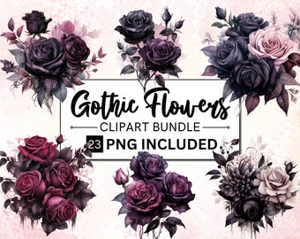 23 PNG Watercolor Gothic Floral Clipart, Magical Gothic Flowers Clip Art, Dark Fairytale Fantasy PNG Digital Image Downloads, Gothic Roses