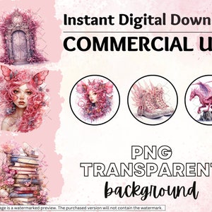 May include: Digital download of four pink and white illustrations: a pink fairy with butterfly wings, a pink dragon, a pair of pink sneakers with wings, and a pink door with vines. The text "Instant Digital Download COMMERCIAL USE PNG TRANSPARENT background" is at the top of the image.