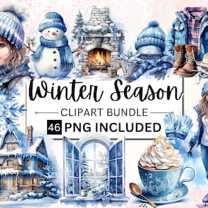 Paquete de 46 imágenes prediseñadas de invierno en acuarela, acogedora cabaña de invierno PNG, país de las maravillas invernal PNG, muñeco de nieve, bosque de invierno, Papá Noel, Navidad, copo de nieve