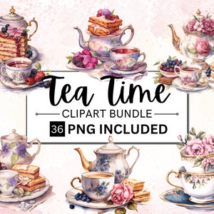 36 Vintage Teetasse Clipart, Tea Time Kunst, Blume Teetasse Png, Aquarell Teeparty, Scrapbook, Junk Journal, Instant Download, kommerzielle Nutzung