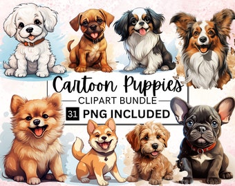 Watercolor Puppies Clipart Bundle, Cartoon Style (31 PNG)