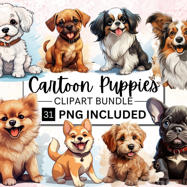 31 Watercolor Puppies Clipart PNG Bundle, Cartoon Style Painted Puppy Clipart, Puppy Illustrations, Dog Breeds PNG, Puppy Sublimation PNG