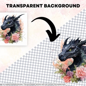 May include: A digital illustration of a black dragon's head with green eyes, surrounded by pink, red, and purple flowers. The background is transparent.