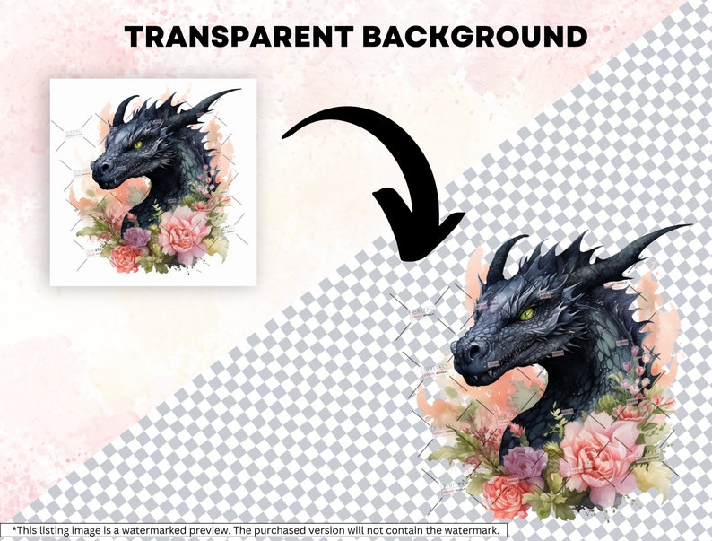 May include: A digital illustration of a black dragon's head with green eyes, surrounded by pink, red, and purple flowers. The background is transparent.
