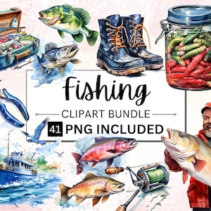 41 Watercolor Fishing Clipart, Fishing theme Watercolor Fishing,Fishing Rod, Fishing Lure, Fishing Boat, Gone Fishing PNG&#39;s,  Commercial Use