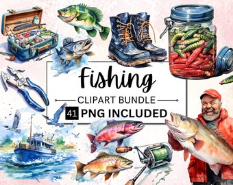 41 Watercolor Fishing Clipart, Fishing theme Watercolor Fishing,Fishing Rod, Fishing Lure, Fishing Boat, Gone Fishing PNG's,  Commercial Use