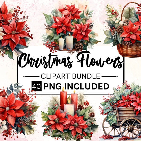 40 Watercolor Christmas Flowers Clipart, Christmas bouquets, Watercolor Floral Clipart Bouquets, Commercial Use Elements Digital clipart PNG