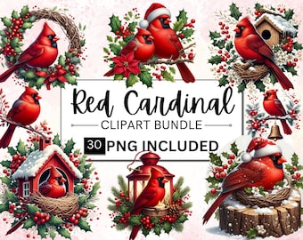 Watercolor Red Cardinal Clipart Bundle, Christmas Holiday PNG (Commercial Use)
