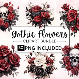 30 PNG acuarela gótica floral clipart, flores góticas mágicas clip art, fantasía de cuento de hadas oscuro PNG descargas de imágenes digitales, rosas góticas