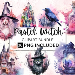 36 PNG Watercolor Pastel Witch Clipart, Pastel Witchcraft Clip art, witch clip art png, magic clip art, mystical clipart png, witchcraft png