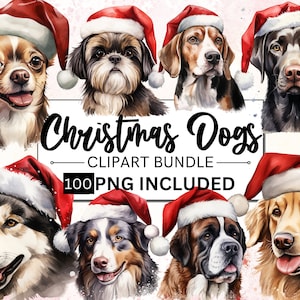 100 Clipart di cani di Natale ad acquerello, Cappello di Babbo Natale, Natale ad acquerello, Clipart di cuccioli di Natale, Ornamento per cani PNG, USO commerciale