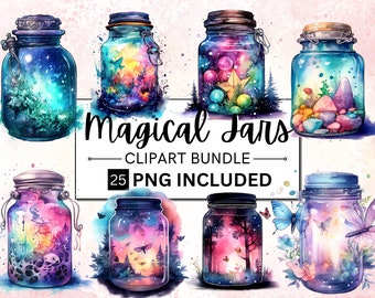 25 PNG Watercolour Magical Jars Clipart, Fantasy Clipart, Mystery Mason Jars ClipArt bundle, Fairytale Magical Jars, Scrapbook, Junk Journal