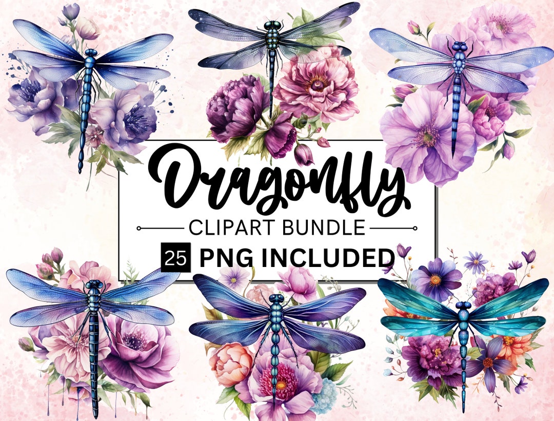 25 Watercolor Dragonfly Clipart Bundle, Floral Botanical Insect PNG ...