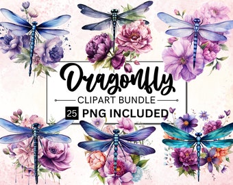 25 Watercolor Dragonfly Floral Clipart Sublimations Bundle, Insect PNG Clipart, Decorative Collection, Card Making Invitation Commercial Use