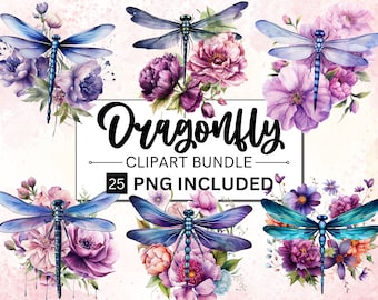 25 Watercolor Dragonfly Clipart Bundle, Floral Botanical Insect PNG, Blue Purple Nature Illustration, Garden Graphics, Digital Download