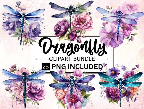 25 Watercolor Dragonfly Floral Clipart Sublimations Bundle, Insect PNG Clipart, Decorative Collection, Card Making Invitation Commercial Use