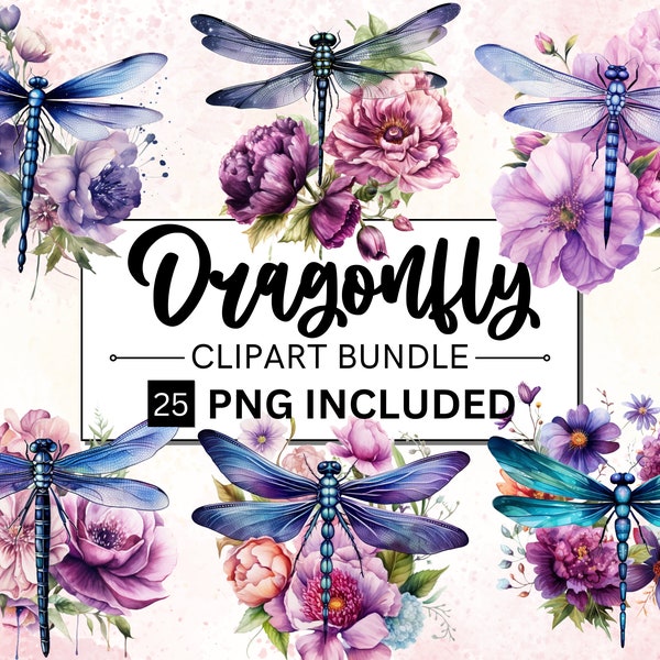 25 Watercolor Dragonfly Floral Clipart Sublimations Bundle, Insect PNG Clipart, Decorative Collection, Card Making Invitation Commercial Use