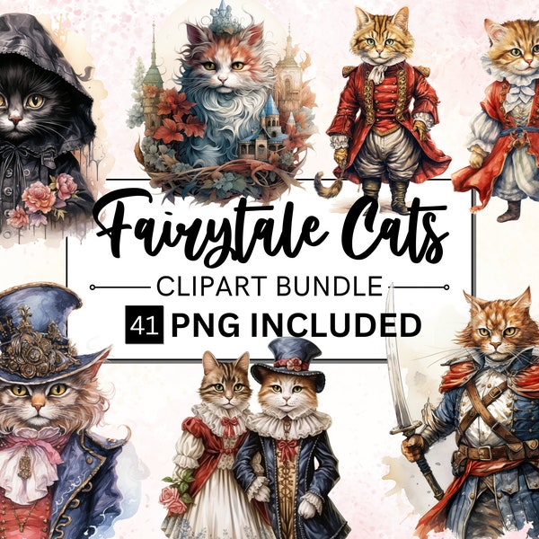 41 PNG Watercolor Fairytale Cats Clipart Bundle, Vintage Fairytale Kitten PNG, Fantasy Black Cats PNG Clipart, Fairy tale Animal Clipart