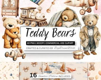 80 Teddy Bear Clipart Bundle, Vintage Bear PNG, Nursery Clipart, Baby Shower Clipart, Kids Toys Clipart, Seamless Patterns, Commercial Use