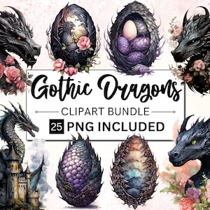 24 PNG Watercolour Gothic Dragons Clipart, Dark Fantasy Black Dragon Clip Art, Dragon png bundle, for Scrapbook, Junk Journal, Paper Crafts