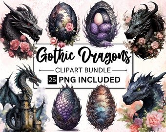 Watercolor Gothic Dragon Clipart, Dark Fantasy PNG Bundle (Digital Download)