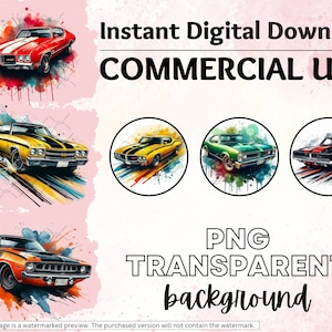 Puede incluir: Cuatro ilustraciones digitales de coches cl&aacute;sicos americanos de m&uacute;sculo en estilo acuarela. Cada coche est&aacute; situado sobre un fondo colorido con salpicaduras de pintura. El texto "Descarga digital instant&aacute;nea" y "USO COMERCIAL" se muestra sobre las im&aacute;genes. El texto "Fondo PNG TRANSPARENTE" se muestra debajo de las im&aacute;genes.