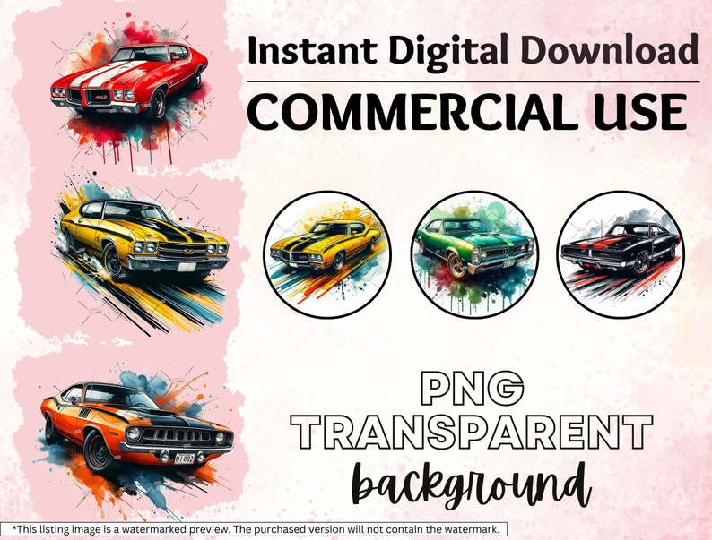 Puede incluir: Cuatro ilustraciones digitales de coches cl&aacute;sicos americanos de m&uacute;sculo en estilo acuarela. Cada coche est&aacute; situado sobre un fondo colorido con salpicaduras de pintura. El texto "Descarga digital instant&aacute;nea" y "USO COMERCIAL" se muestra sobre las im&aacute;genes. El texto "Fondo PNG TRANSPARENTE" se muestra debajo de las im&aacute;genes.