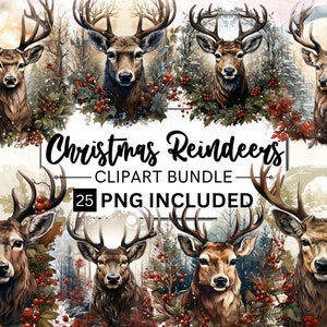25 Clipart di renne di Natale ad acquerello, animali del bosco ad acquerello, cervi con ghirlanda, cervi di Natale, vacanze invernali, creazione di biglietti, album di ritagli