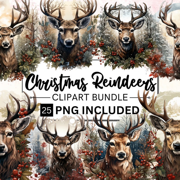 25 Watercolor Christmas Reindeer Clipart, Watercolor Woodland Animal, Deer with Wreath, Xmas Deer, Winter Holidays, Card Making, Scrapbook