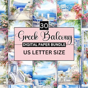 30 papier numérique aquarelle pour balcon, Grèce, scrapbooking de vacances en Grèce, itinéraire de voyage grec, journal indésirable fait main, téléchargement numérique