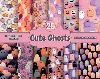 25 Cute Halloween Digital Papers, Spooky GHOSTS Seamless Pattern, Cute Halloween Ghost Backgrounds, Junk Journal Patterns, Digital Download